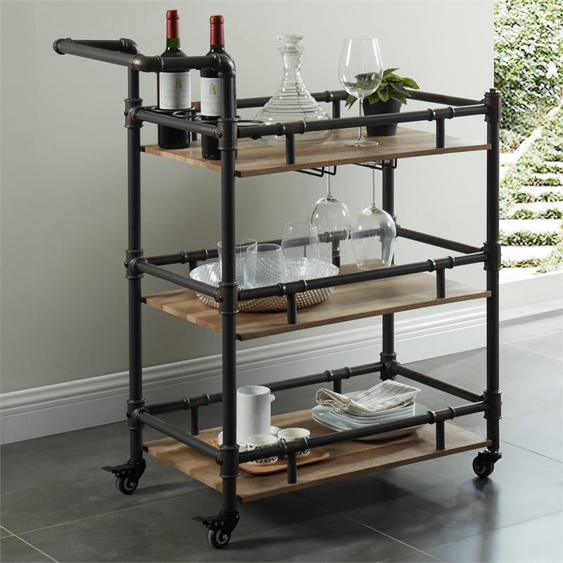 Furniture of America Byson Industrial Metal Bar Cart in Sand Black