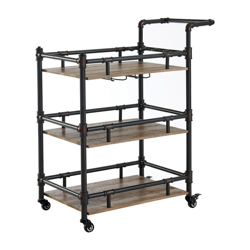 Furniture of America Byson Industrial Metal Bar Cart in Sand Black