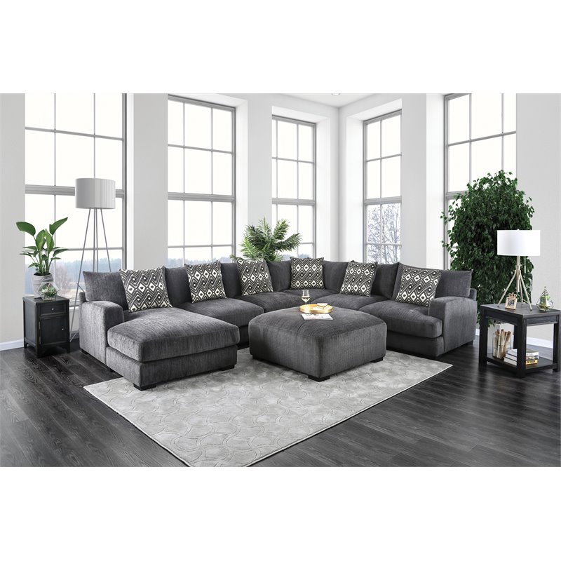 Furniture of America Turnstein Contemporary Chenille Square Ottoman in Gray