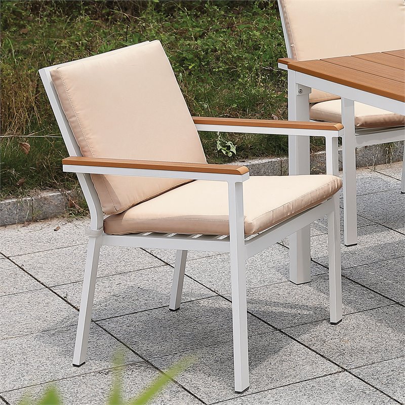 Furniture of America Tinna Aluminum Patio Arm Chair in White and Oak (Set of 2)