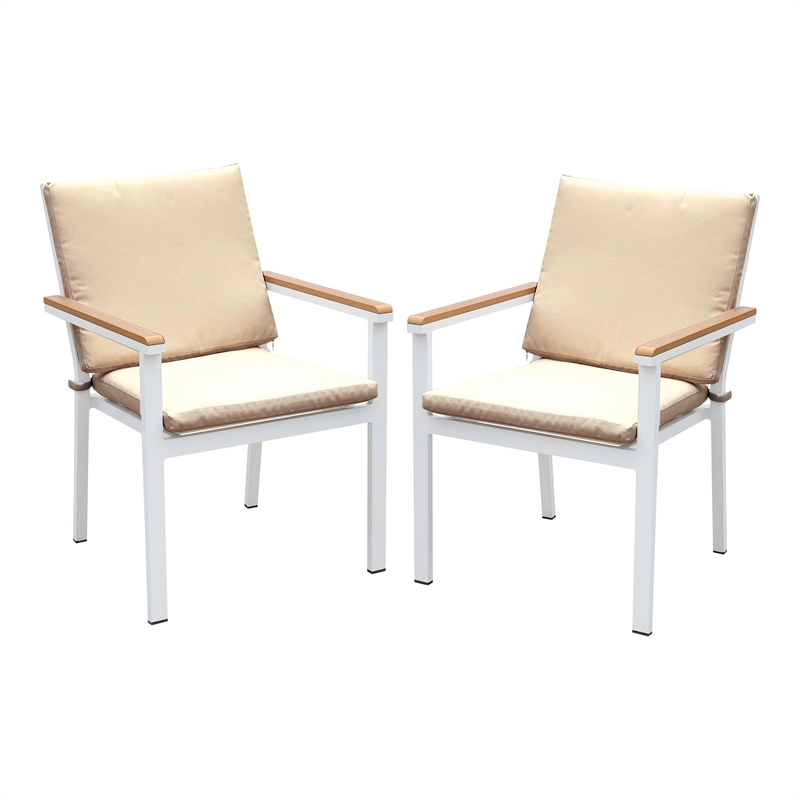 Furniture of America Tinna Aluminum Patio Arm Chair in White and Oak (Set of 2)