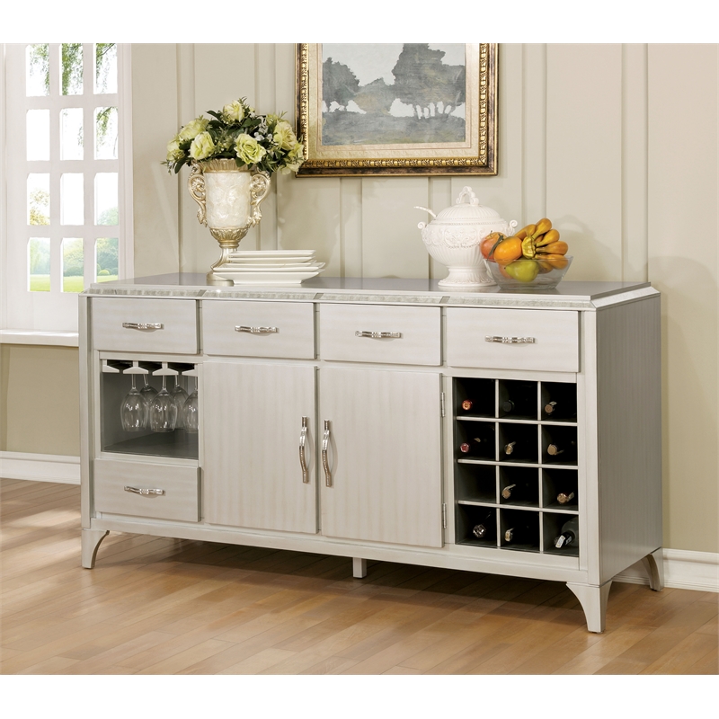 Furniture of America Desi Wood Dining Buffet Cabinet with Wine Rack in Silver