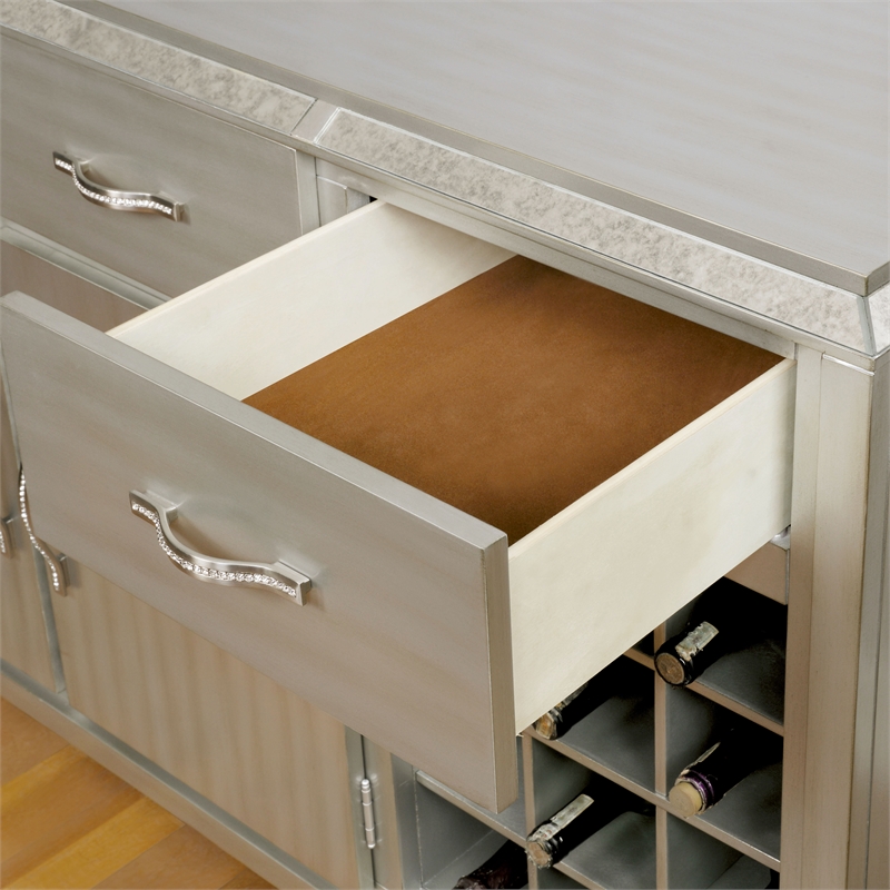 Furniture of America Desi Wood Dining Buffet Cabinet with Wine Rack in Silver