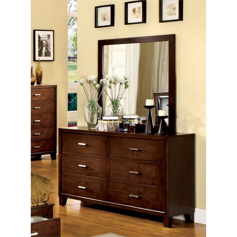 Furniture of America Sirius Wood 2-Piece Dresser and Mirror Set in Brown Cherry