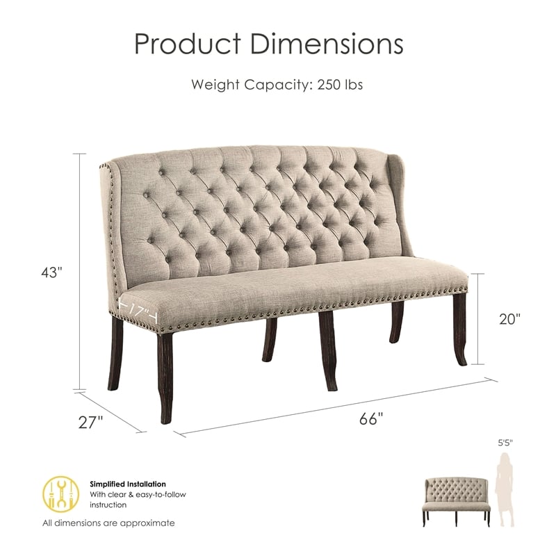 Furniture of America Sinuata Fabric Tufted 3-Seater Loveseat Bench in Beige