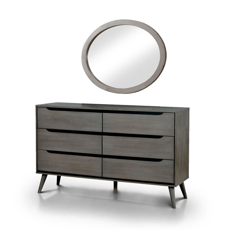 FOA Belkor 4pc Gray Wood Bedroom Set - Queen+Nightstand+Dresser+Oval Mirror