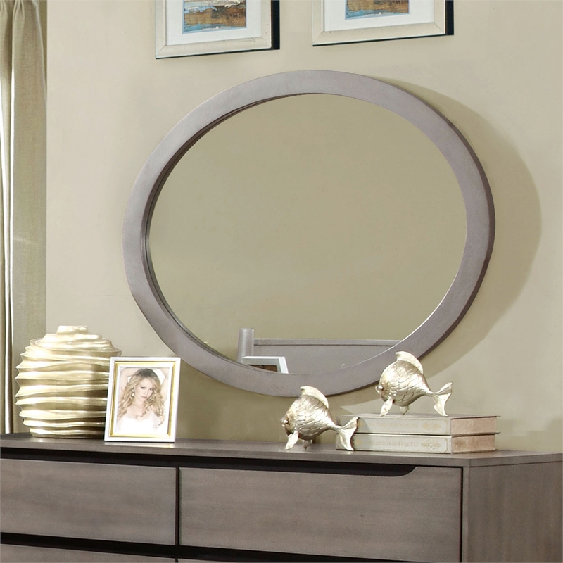 FOA Belkor 4pc Gray Wood Bedroom Set - Queen+Nightstand+Dresser+Oval Mirror