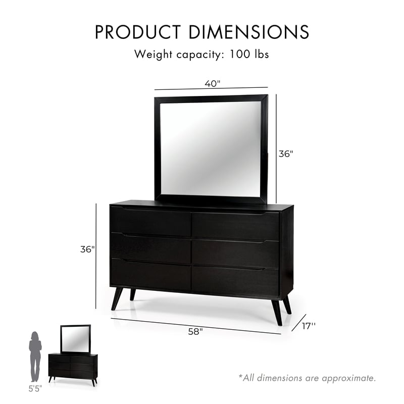 FOA Belkor 4pc Black Wood Bedroom Set - Queen+Nightstand+Dresser+Mirror