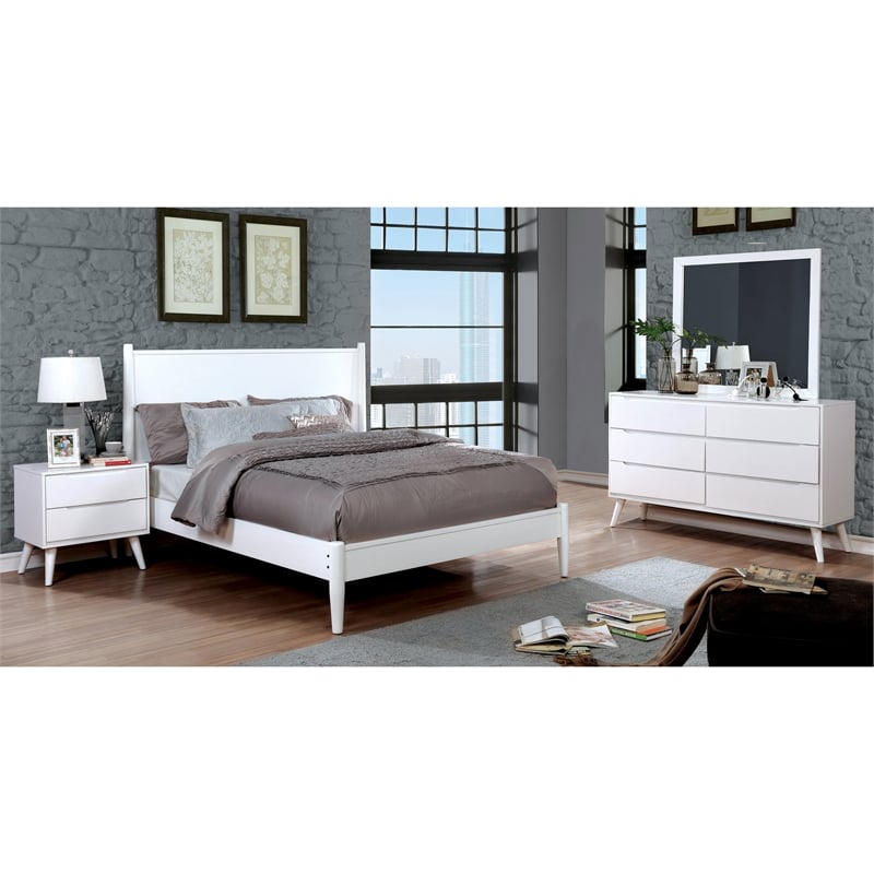 FOA Belkor 4pc White Wood Bedroom Set - Queen+Nightstand+Dresser+Mirror