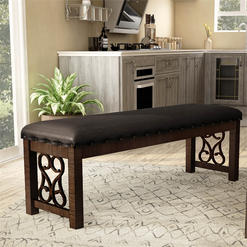 Furniture of America Arlyne Faux Leather Padded Dining Bench in Rustic Walnut