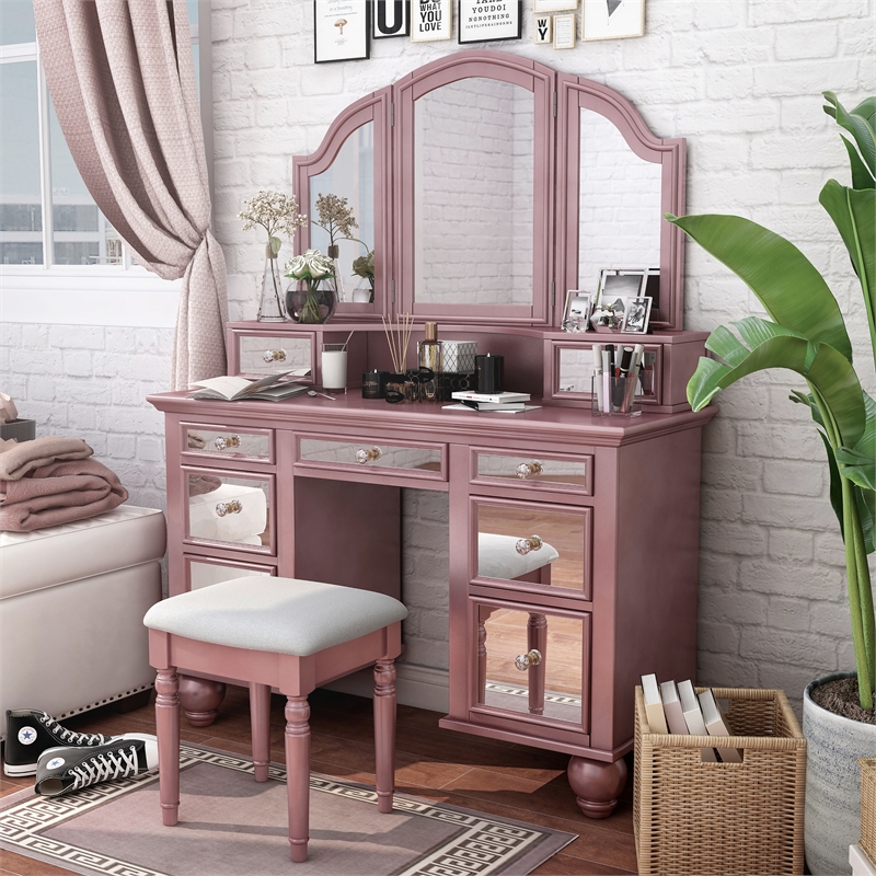 Furniture of America Diane Contemporary Wood 3-Piece Vanity Set in Rose Gold