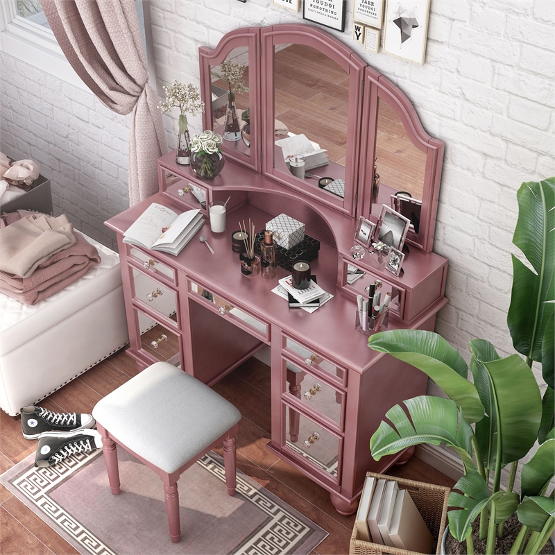 Furniture of America Diane Contemporary Wood 3-Piece Vanity Set in Rose Gold