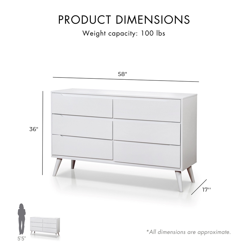 Furniture of America Belkor Mid-Century Modern Wood 6-Drawer Dresser in White