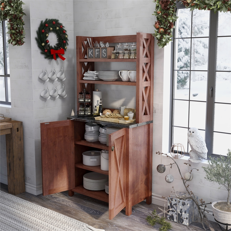 Furniture of America Schuetz Rustic Wood Multi-Storage Baker Rack in Walnut