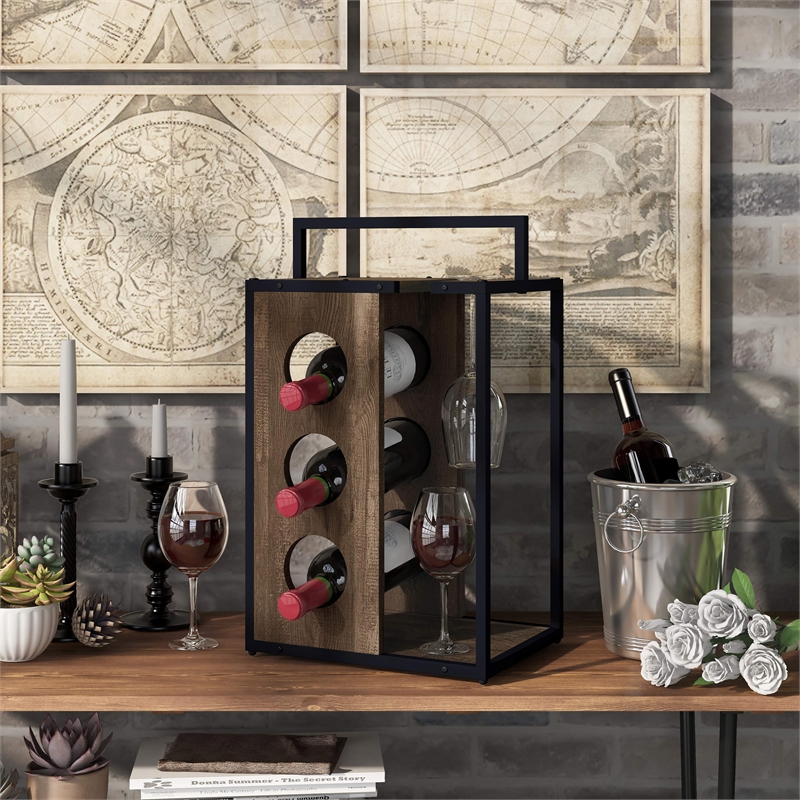 Furniture of America Harvan Industrial Wood 3-Bottle Wine Rack in Reclaimed Oak