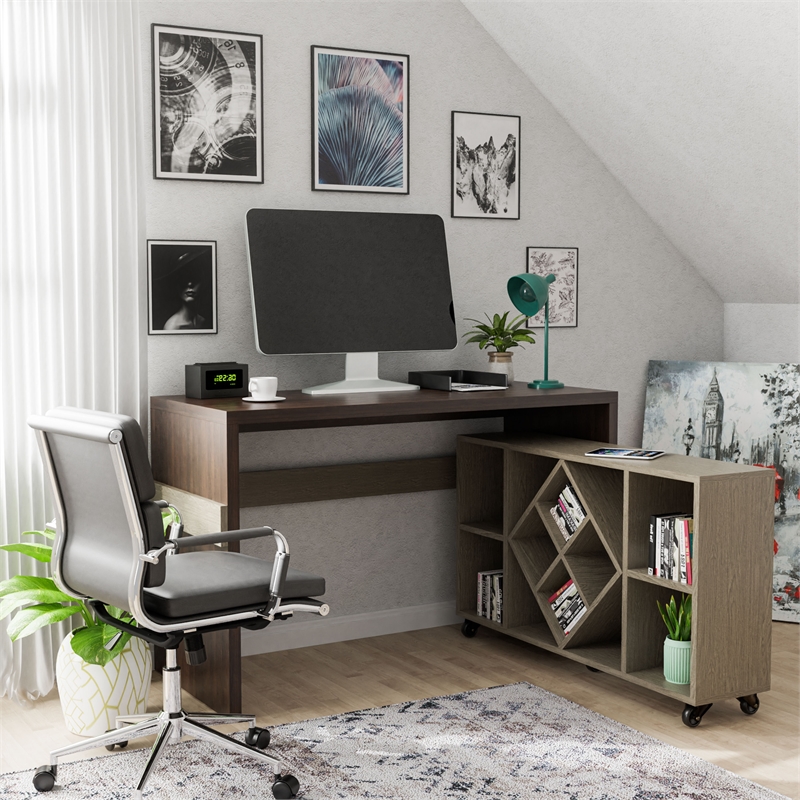 FOA Minshew Solid Wood 2-Piece Convertible Desk with Bookcase Set in Brown