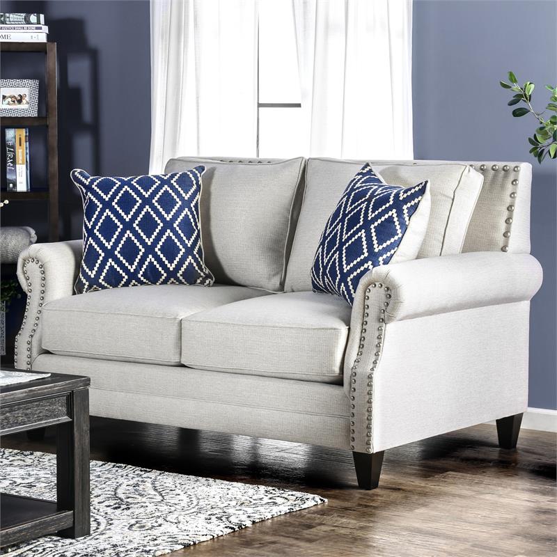 Furniture of America Hanson Fabric Nailhead Trim 2-Piece Sofa Set in Beige
