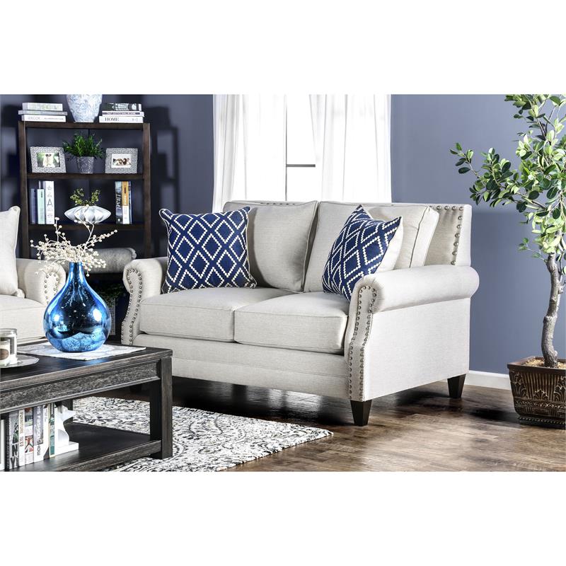 Furniture of America Hanson Transitional Fabric Nailhead Loveseat in Beige