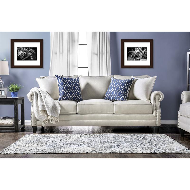 Furniture of America Hanson Transitional Fabric Nailhead Sofa in Beige