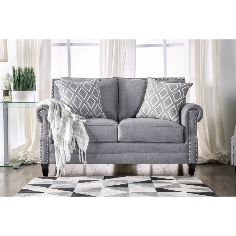 Furniture of America Hanson Fabric Nailhead Trim 2-Piece Sofa Set in Gray