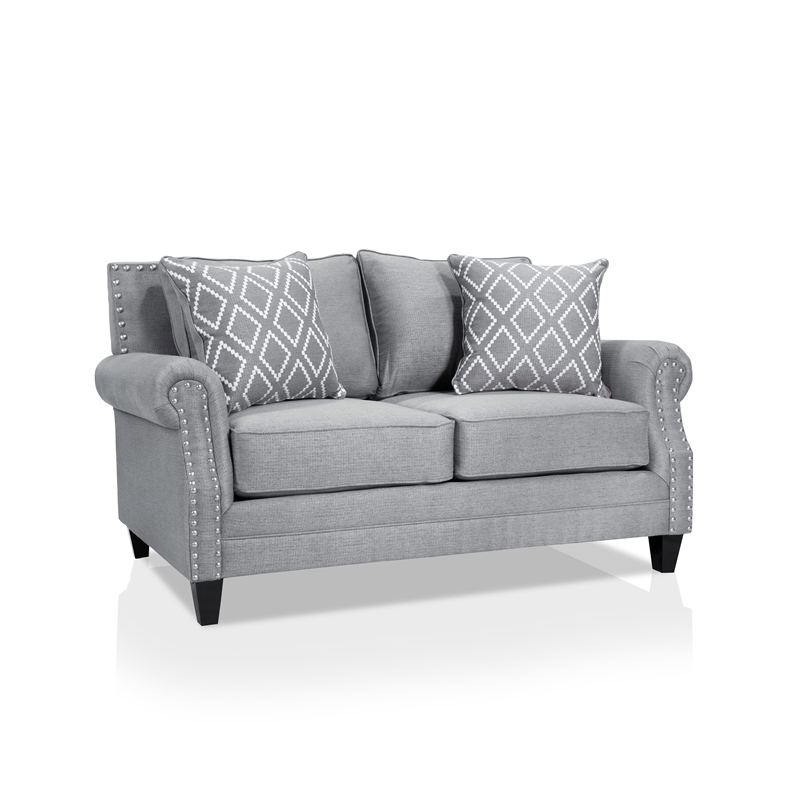 Furniture of America Hanson Fabric Nailhead Trim 2-Piece Sofa Set in Gray