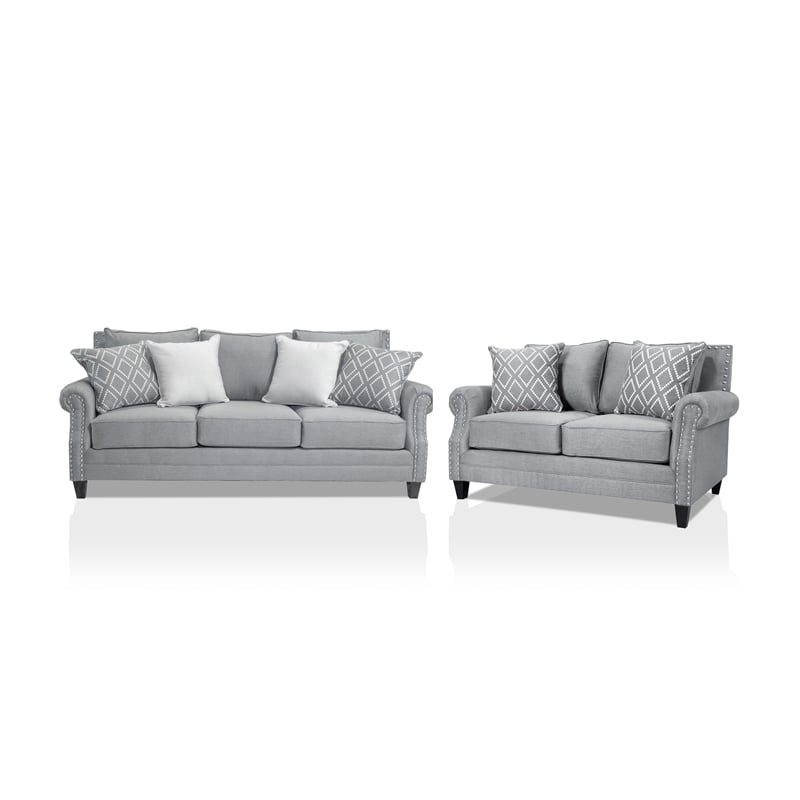 Furniture of America Hanson Fabric Nailhead Trim 2-Piece Sofa Set in Gray