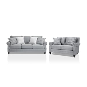 Furniture of America Hanson Fabric Nailhead Trim 2-Piece Sofa Set in Gray