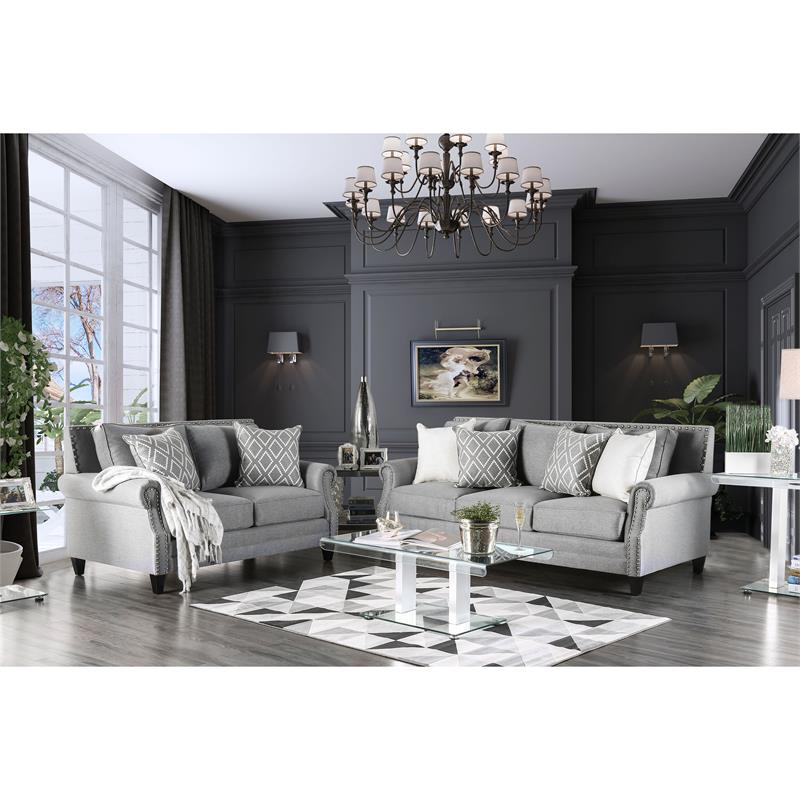 Furniture of America Hanson Fabric Nailhead Trim 2-Piece Sofa Set in Gray