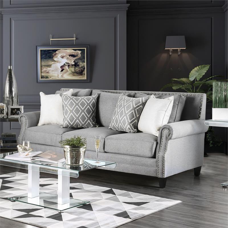 Furniture of America Hanson Transitional Fabric Nailhead Sofa in Gray