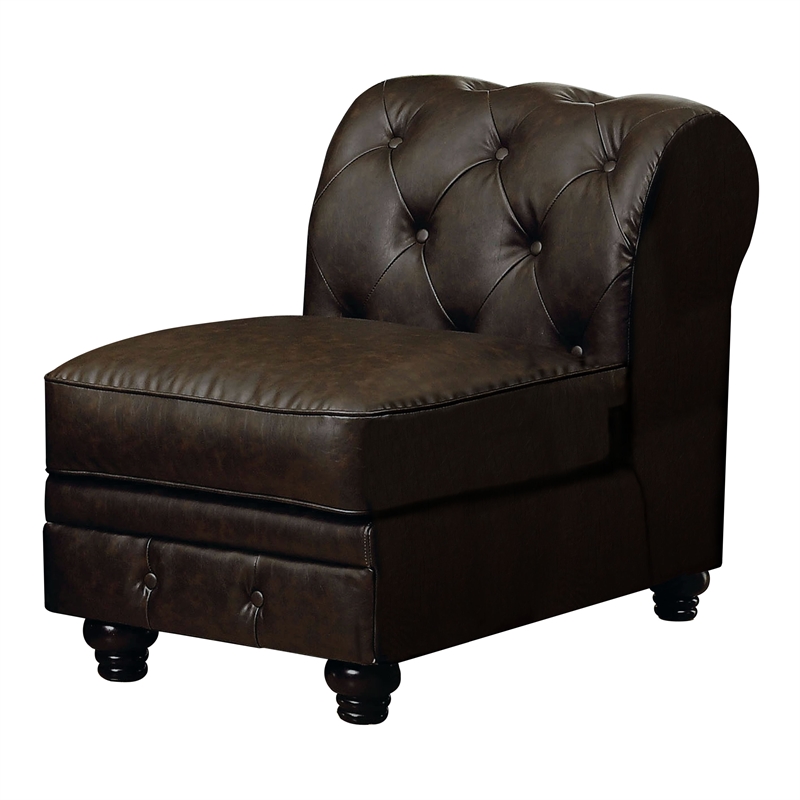 Furniture of America Caelan Faux Leather Tufted Armless Chair in Brown