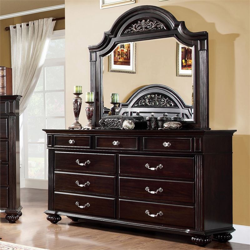 Furniture of America Damos 2-Piece Solid Wood Dresser and Mirror in Dark Walnut