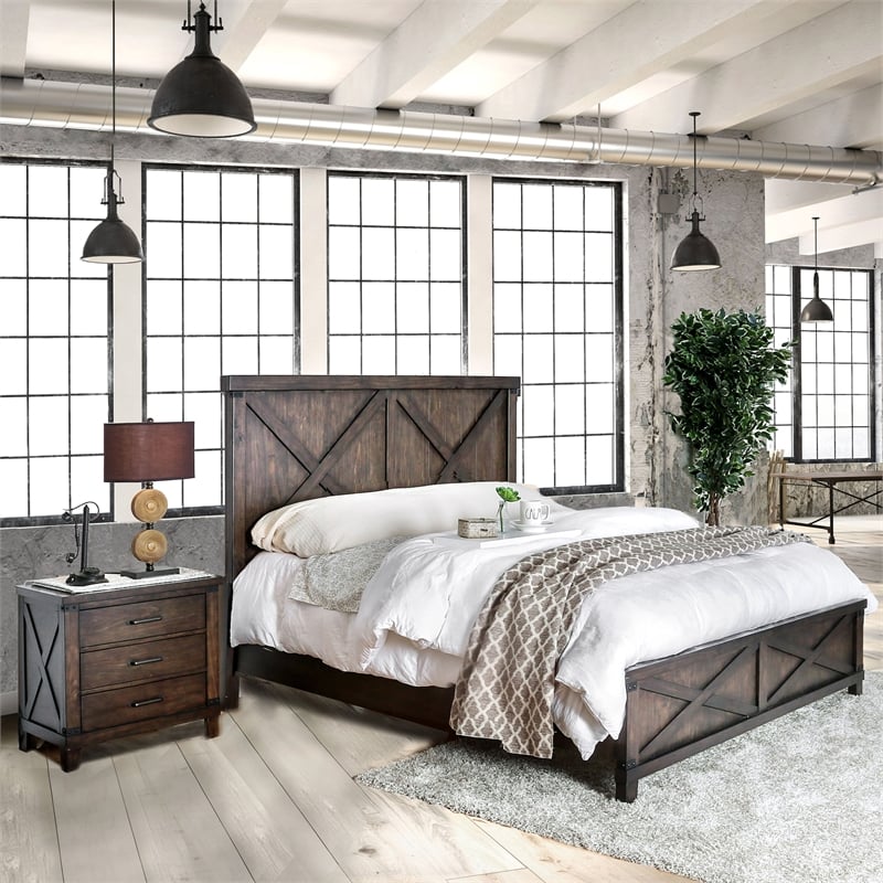 FOA Andrew 2pc Dark Walnut Solid Wood Bedroom Set - Cal King + Nightstand