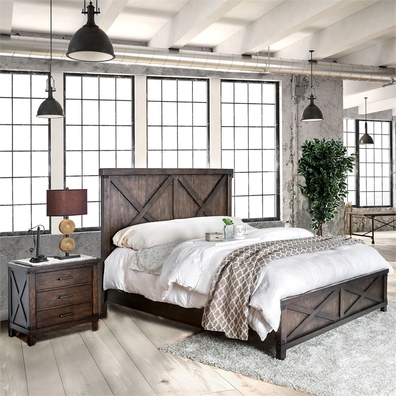 FOA Andrew 2pc Dark Walnut Solid Wood Bedroom Set - Queen + Nightstand