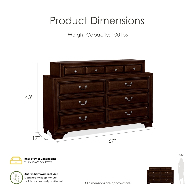 Furniture of America Bradford Wood 10-Drawer Double Dresser in Brown Cherry