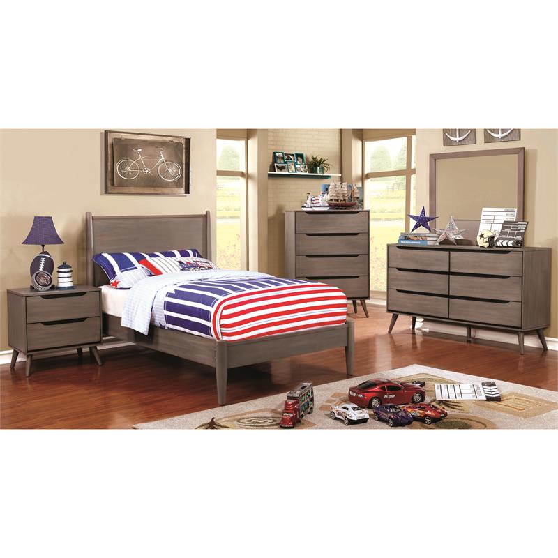 FOA Belkor 4pc Gray Wood Bedroom Set - Queen+Nightstand+Dresser+Mirror