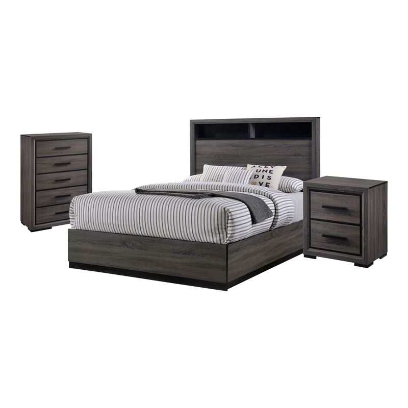 FOA Drummond 3-Piece Gray Wood Panel Bedroom Set - Queen + Nightstand + Chest