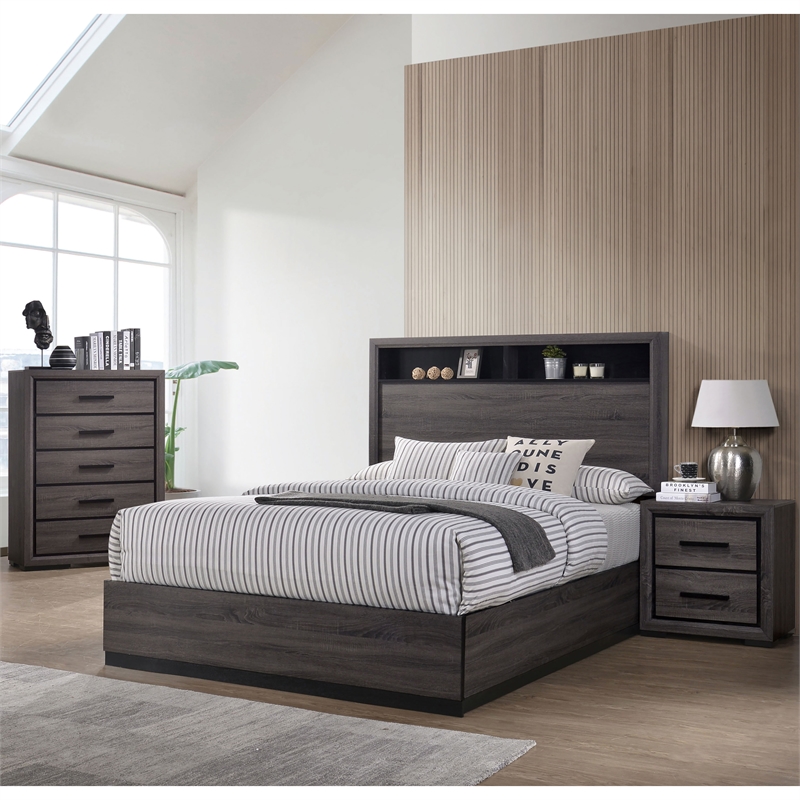 FOA Drummond 3-Piece Gray Wood Panel Bedroom Set - Queen + Nightstand + Chest