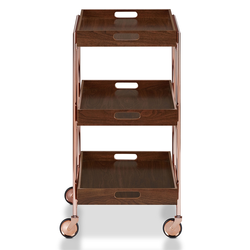 Furniture of America Kliman Industrial Wood 3-Tier Bar Cart in Walnut