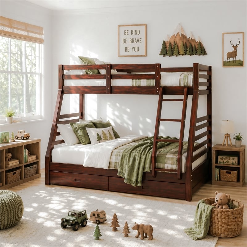 Furniture of America Tomi Wood Twin over Full Storage Bunk Bed in Dark Walnut