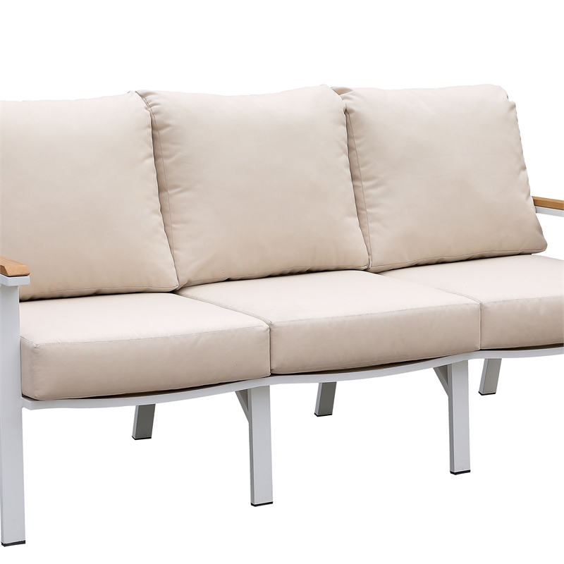Furniture of America Sourcane Aluminum Padded Patio Sofa in White and Oak