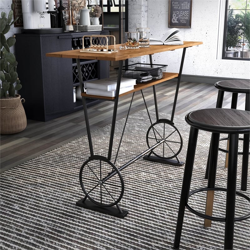 Furniture of America Cera Metal 1-Shelf Bar Table in Warm Oak