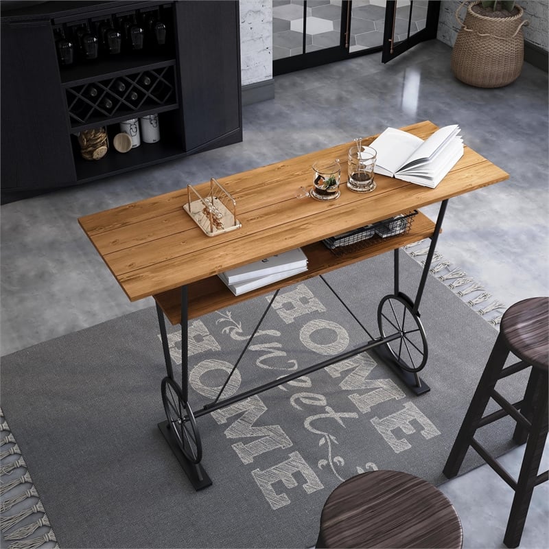 Furniture of America Cera Metal 1-Shelf Bar Table in Warm Oak
