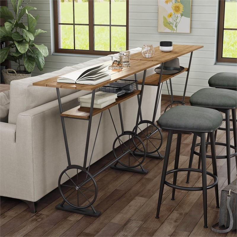 Furniture of America Cera Metal 1-Shelf Bar Table in Warm Oak