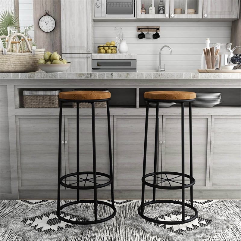 Furniture of America Cera Metal Bar Stool in Warm Oak (Set of 2)