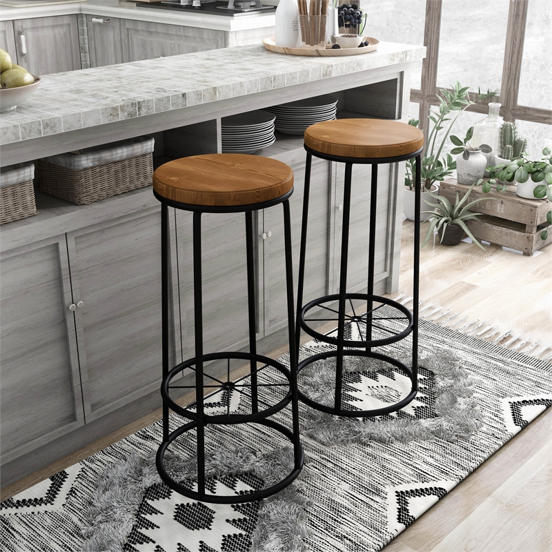 Furniture of America Cera Metal Bar Stool in Warm Oak (Set of 2)
