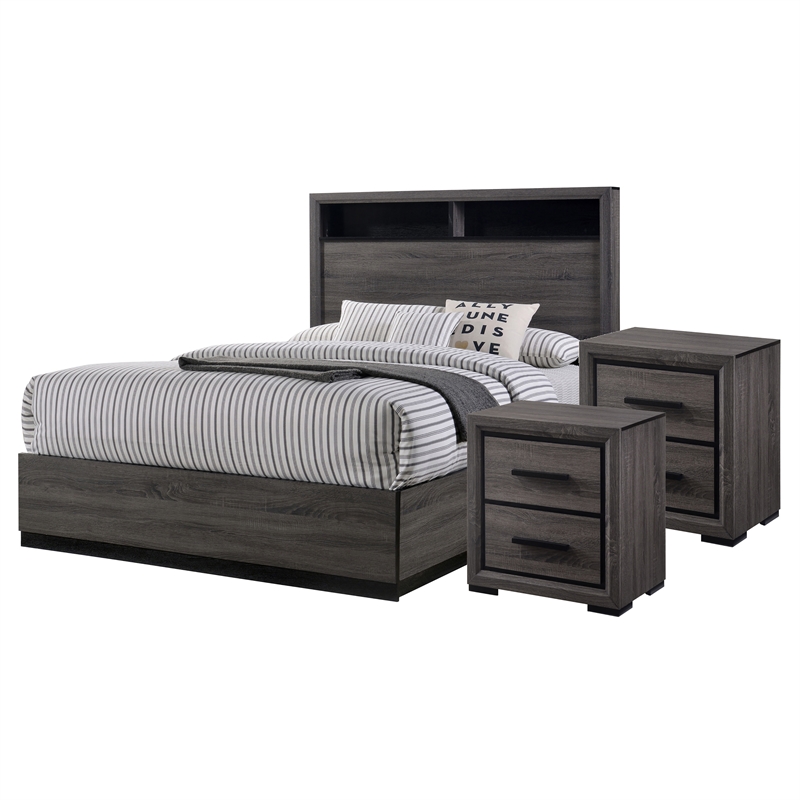 FOA Drummond 3-Piece Gray Wood Panel Bedroom Set - King + 2 Nightstands