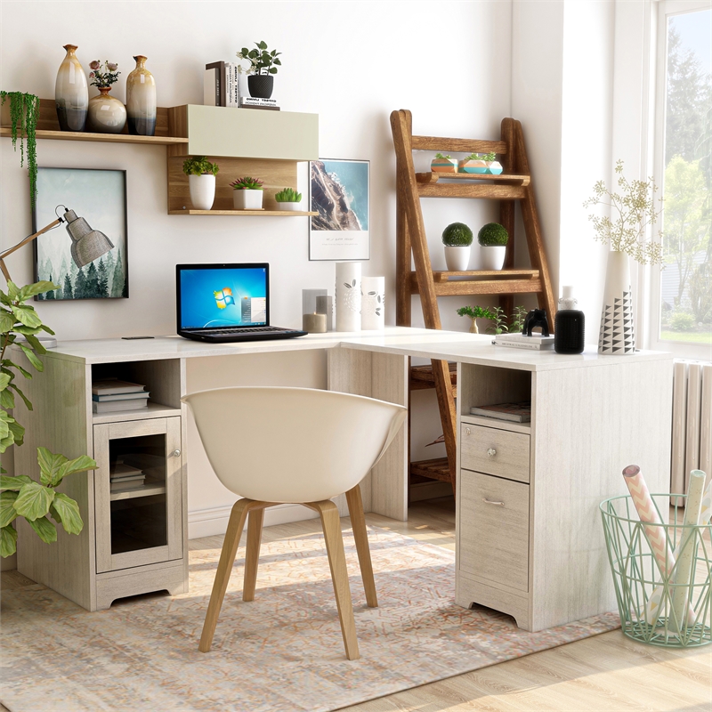 Furniture of America Helmer Wood L-Shaped Writing Desk with USB in White