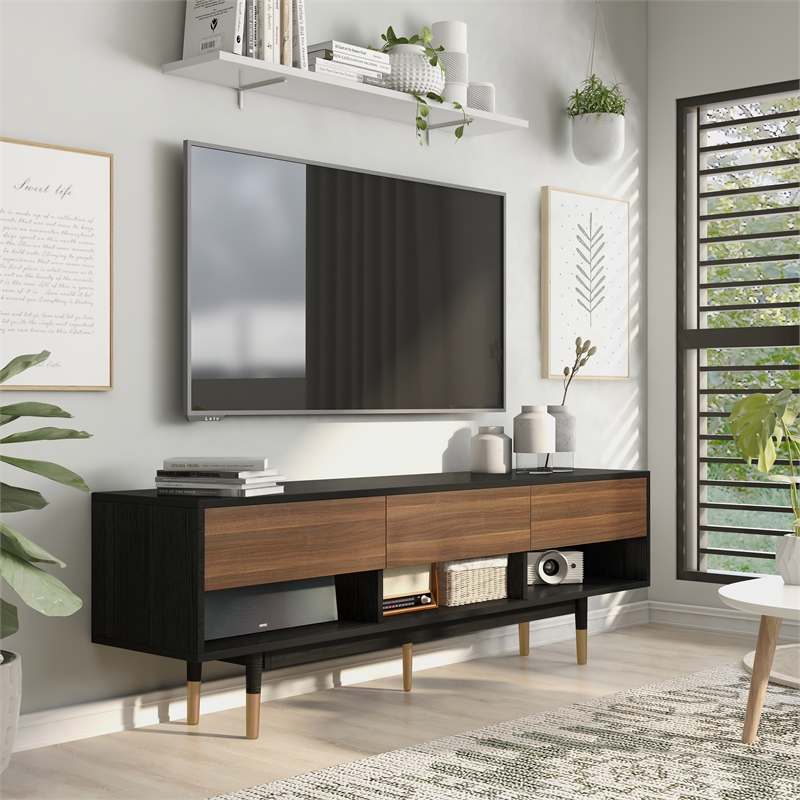 Furniture of America Zuna Mid-Century Modern Wood 3-Drawer TV Stand in Black
