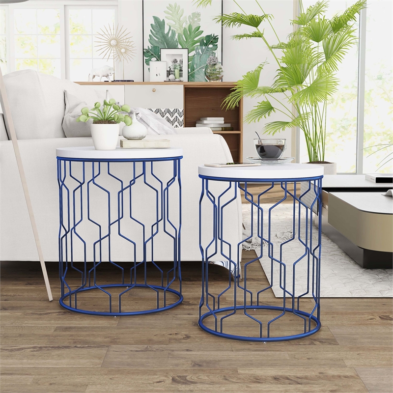 Furniture of America Vereira Metal 2-Piece Nesting Table in Blue and White