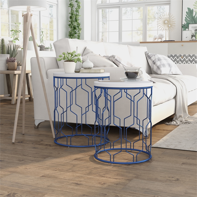 Furniture of America Vereira Metal 2-Piece Nesting Table in Blue and White